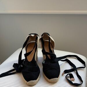 Castaner Black Canvas Espadrille Wedge with Tie Straps